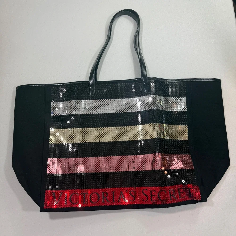 Victoria Secret Tote Bag Black Sequin Stripe Weekender Travel Beach Large